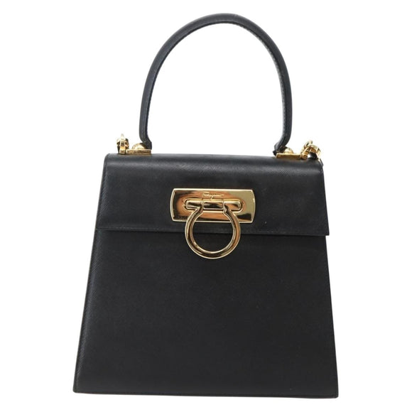 Salvatore Ferragamo Gancini Hand Bag Leather 2way Black Gold Auth 142732