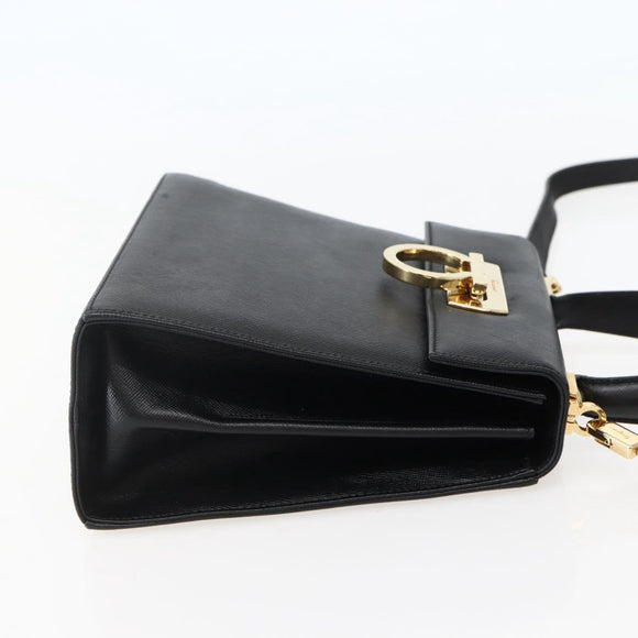 Salvatore Ferragamo Gancini Hand Bag Leather 2way Black Gold Auth 142732