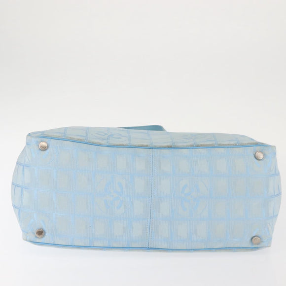 CHANEL New Travel Line Tote Bag Nylon Light Blue Silver CC Auth 142752