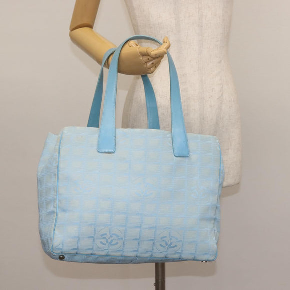 CHANEL New Travel Line Tote Bag Nylon Light Blue Silver CC Auth 142752