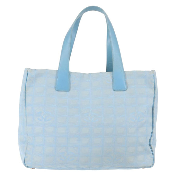 CHANEL New Travel Line Tote Bag Nylon Light Blue Silver CC Auth 142752