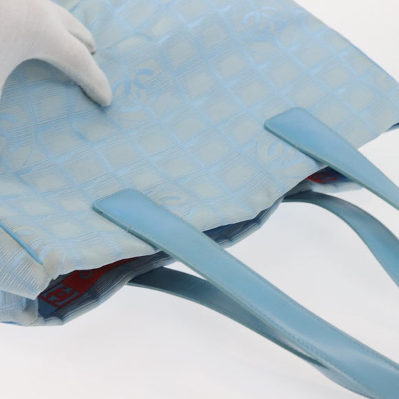 CHANEL New Travel Line Tote Bag Nylon Light Blue Silver CC Auth 142752