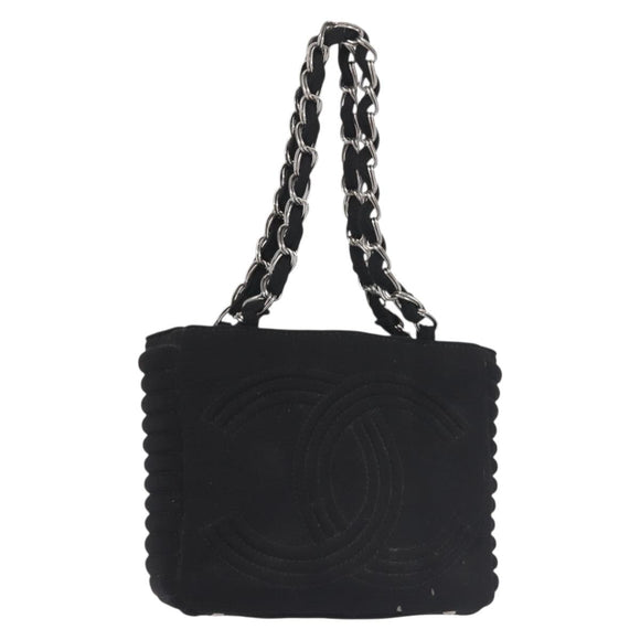 CHANEL Ketten-Umhängetasche Baumwolle Schwarz Silber CC Auth 142754