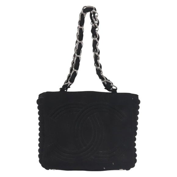 CHANEL Ketten-Umhängetasche Baumwolle Schwarz Silber CC Auth 142754