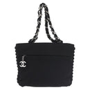 CHANEL Ketten-Umhängetasche Baumwolle Schwarz Silber CC Auth 142754-2