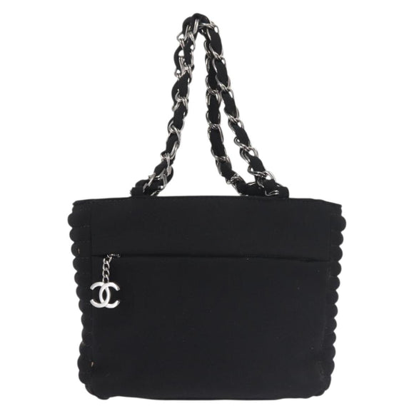 CHANEL Ketten-Umhängetasche Baumwolle Schwarz Silber CC Auth 142754