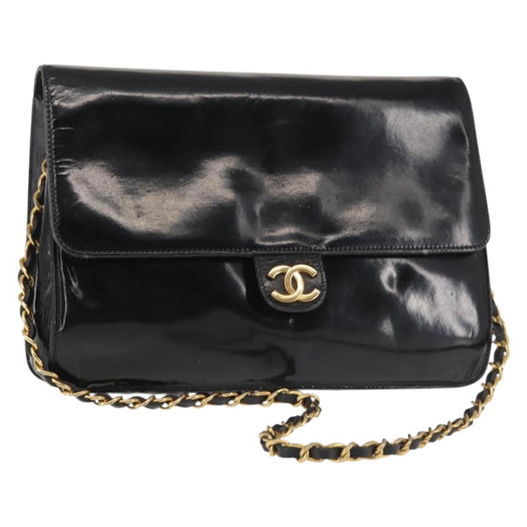 CHANEL Chain Shoulder Bag Patent leather Black Gold CC Auth 142755