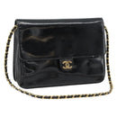 CHANEL Ketting Schoudertas Lakleer Zwart Goud CC Auth 142755-1