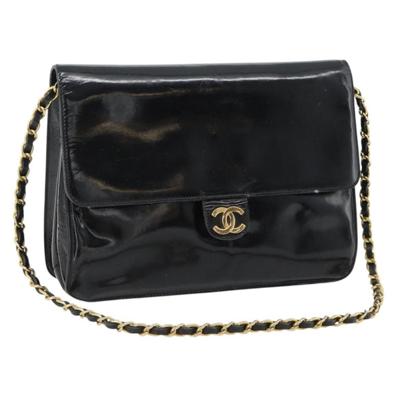CHANEL Ketting Schoudertas Lakleer Zwart Goud CC Auth 142755