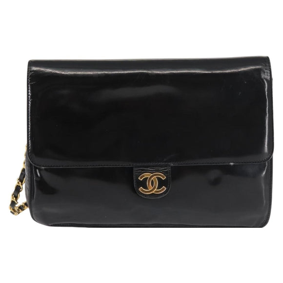 CHANEL Chain Shoulder Bag Patent leather Black Gold CC Auth 142755