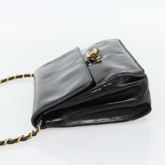 CHANEL Ketting Schoudertas Lakleer Zwart Goud CC Auth 142755
