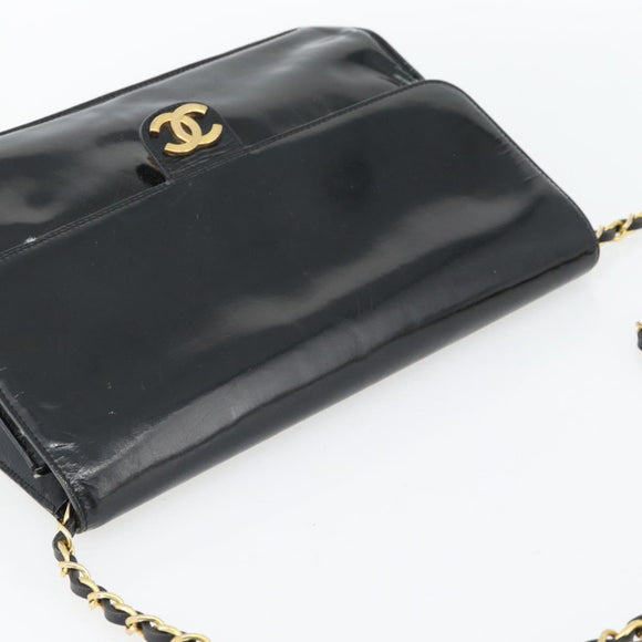 CHANEL Ketting Schoudertas Lakleer Zwart Goud CC Auth 142755