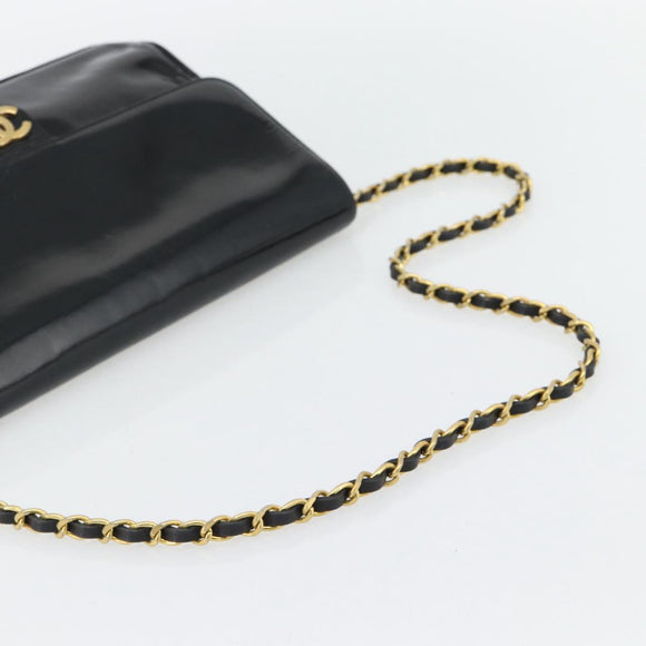 CHANEL Ketting Schoudertas Lakleer Zwart Goud CC Auth 142755