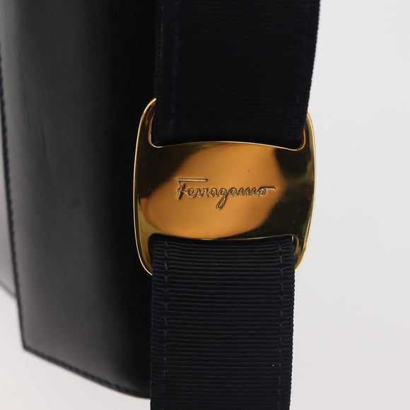 Salvatore Ferragamo Vala Hand Bag Leather Navy Gold Auth 142756