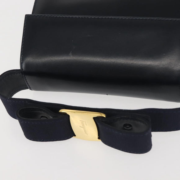 Salvatore Ferragamo Vala Hand Bag Leather Navy Gold Auth 142756