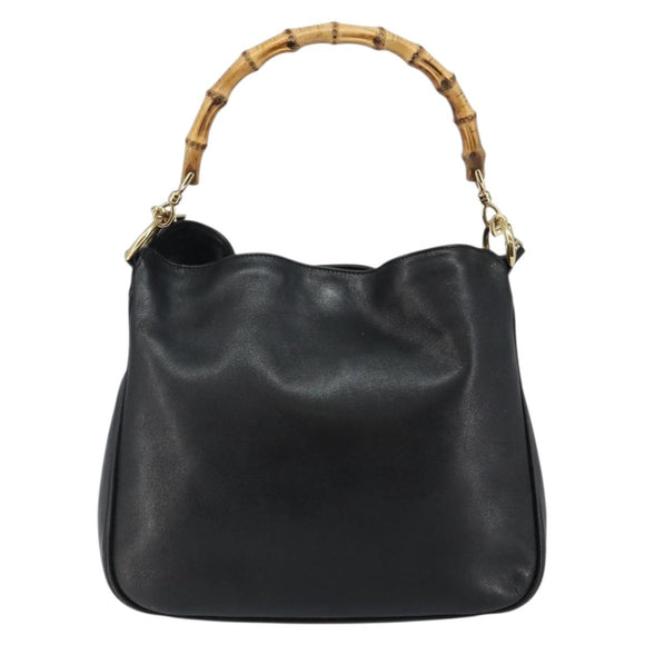 GUCCI Bamboo Shoulder Bag Leather 2way Black Gold 001 1638 Auth 142796