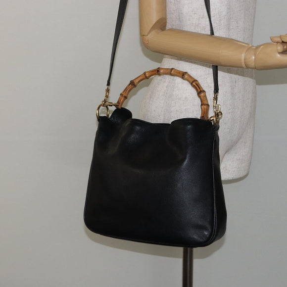 GUCCI Bamboo Shoulder Bag Leather 2way Black Gold 001 1638 Auth 142796
