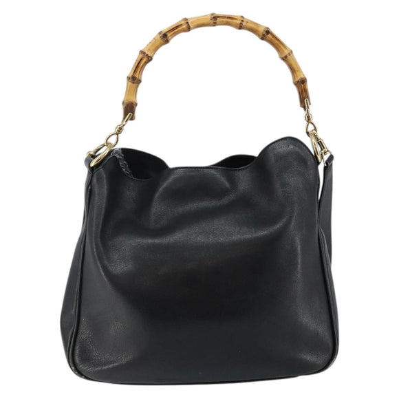 GUCCI Bamboo Shoulder Bag Leather 2way Black Gold 001 1638 Auth 142796