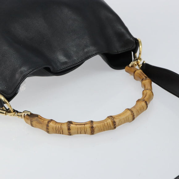 GUCCI Bamboo Shoulder Bag Leather 2way Black Gold 001 1638 Auth 142796