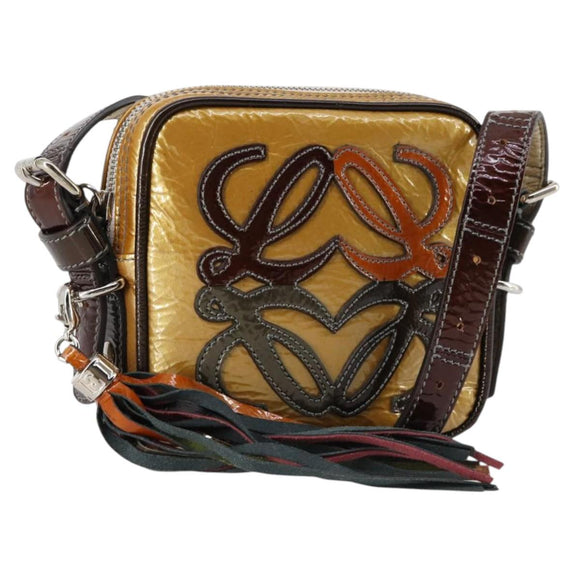 LOEWE Anagram Shoulder Bag Enamel Brown Silver Auth 142804