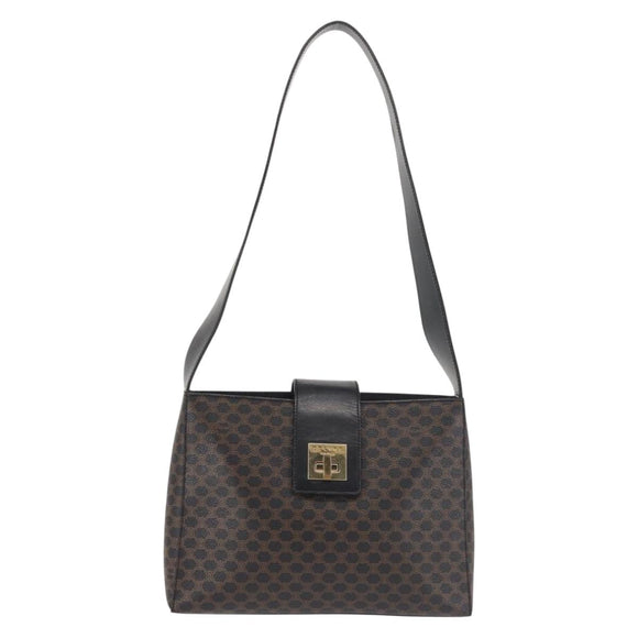 CELINE Macadam Canvas Shoulder Bag PVC Leather Black Gold Auth 142805