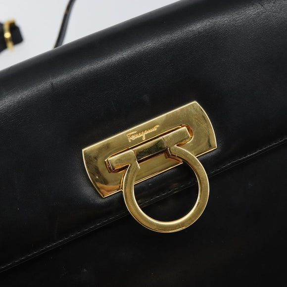 Salvatore Ferragamo Gancini Shoulder Bag Leather Black Gold Auth 142822