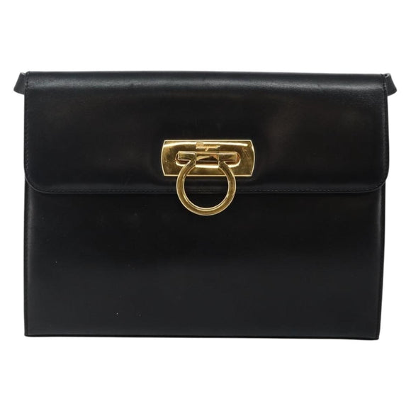 Salvatore Ferragamo Gancini Shoulder Bag Leather Black Gold Auth 142822