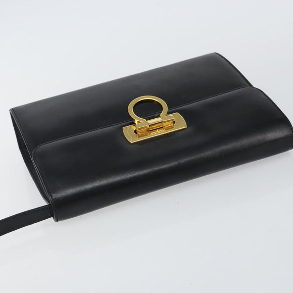 Salvatore Ferragamo Gancini Shoulder Bag Leather Black Gold Auth 142822