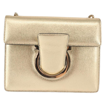 Salvatore Ferragamo Gancini Chain Shoulder Bag Leather Gold Auth 142823 - 0