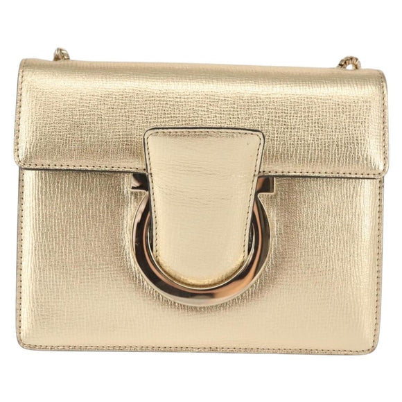 Salvatore Ferragamo Gancini Chain Shoulder Bag Leather Gold Auth 142823