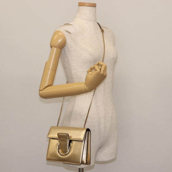 Salvatore Ferragamo Gancini Chain Shoulder Bag Leather Gold Auth 142823