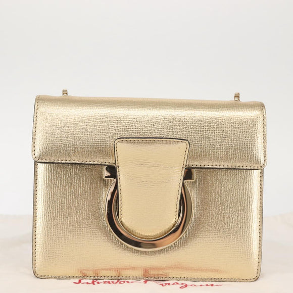 Salvatore Ferragamo Gancini Chain Shoulder Bag Leather Gold Auth 142823