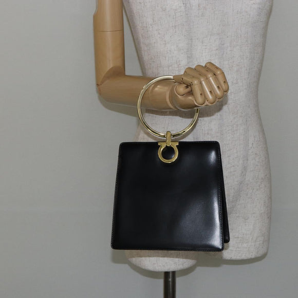 Salvatore Ferragamo Gancini Hand Bag Leather Black Gold Auth 142837