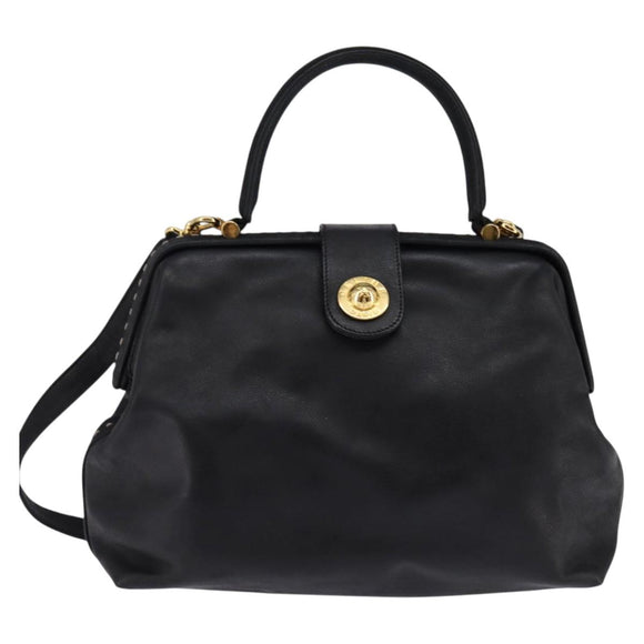 CELINE Hand Bag Leather 2way Black Gold Auth 142840