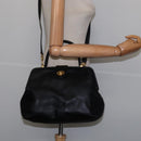 CELINE Hand Bag Leather 2way Black Gold Auth 142840-22