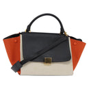 CELINE Trapeze Hand Bag Leather Canvas 2way Beige Black Orange Auth 142841-1