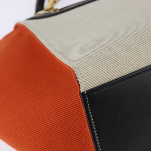 CELINE Trapeze Hand Bag Leather Canvas 2way Beige Black Orange Auth 142841