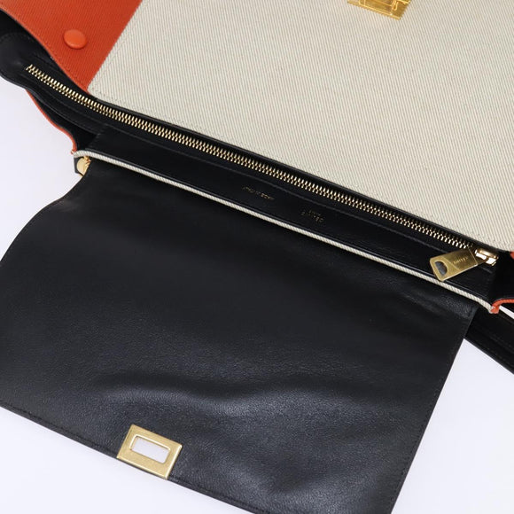 CELINE Trapeze Hand Bag Leather Canvas 2way Beige Black Orange Auth 142841
