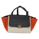 CELINE Trapeze Hand Bag Leather Canvas 2way Beige Black Orange Auth 142841-13
