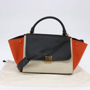 CELINE Trapeze Hand Bag Leather Canvas 2way Beige Black Orange Auth 142841-12