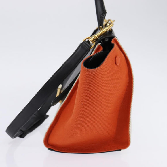 CELINE Trapeze Hand Bag Leather Canvas 2way Beige Black Orange Auth 142841