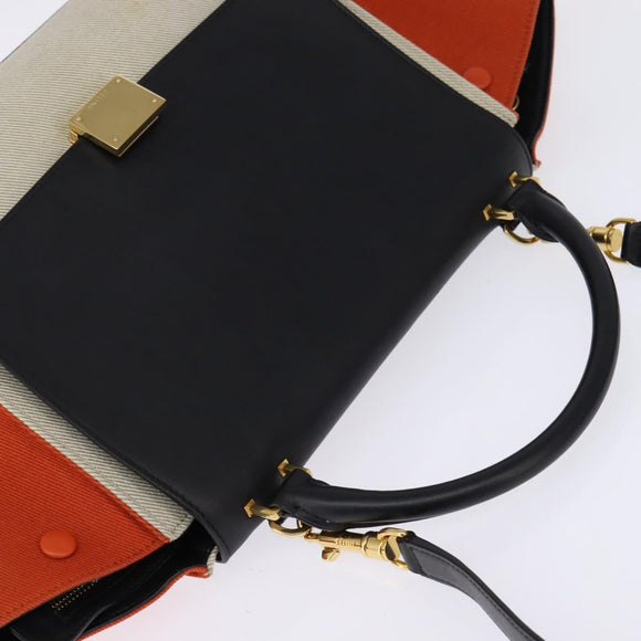 CELINE Trapeze Hand Bag Leather Canvas 2way Beige Black Orange Auth 142841