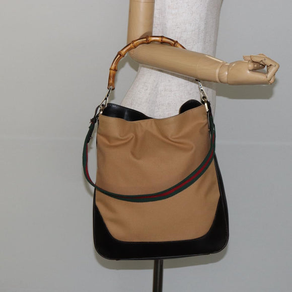 GUCCI Bamboo Web Sherry Line Bag Canvas 2way Beige 001 4058 1705 Auth 142842