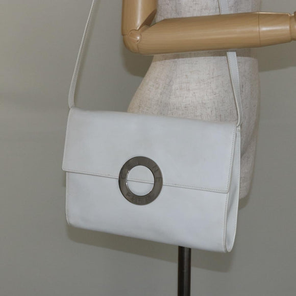 CELINE Shoulder Bag Leather White Silver Auth 142865
