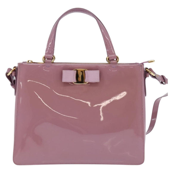 Salvatore Ferragamo Vala Hand Bag Enamel 2way Purple Gold Auth 142888