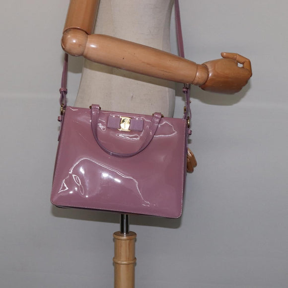 Salvatore Ferragamo Vala Hand Bag Enamel 2way Purple Gold Auth 142888