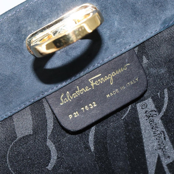Salvatore Ferragamo Gancini Chain Shoulder Bag Suede Navy Gold Auth 142891