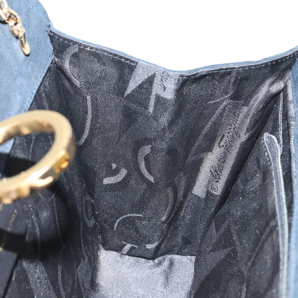 Salvatore Ferragamo Gancini Chain Shoulder Bag Suede Navy Gold Auth 142891