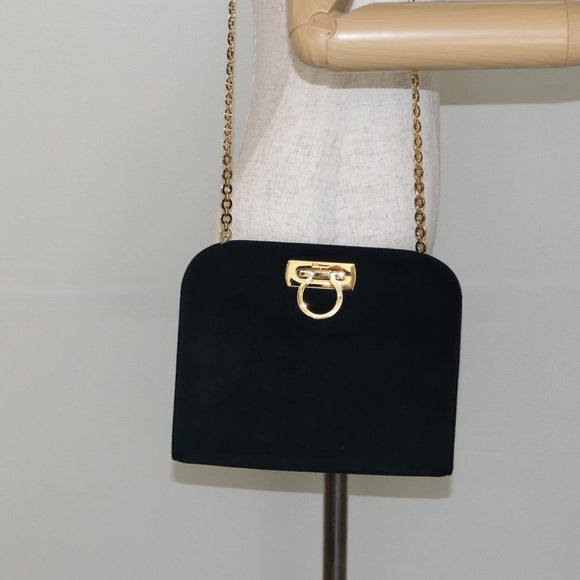Salvatore Ferragamo Gancini Chain Shoulder Bag Suede Navy Gold Auth 142891