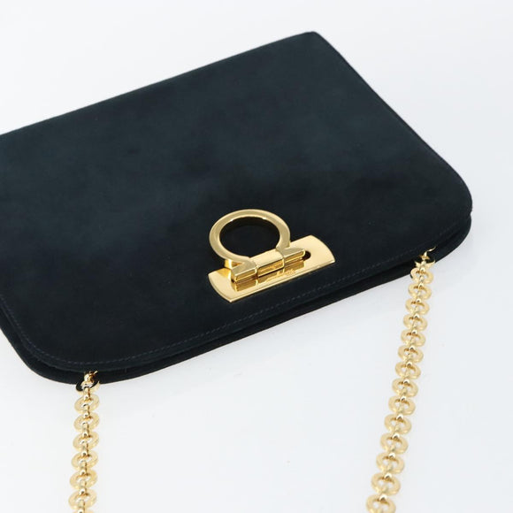 Salvatore Ferragamo Gancini Chain Shoulder Bag Suede Navy Gold Auth 142891